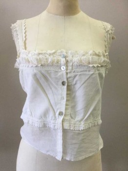 MTO, Cream, Cotton, Solid, Chemise. Cotton Broadcloth, Button Front, Multi Layered Lace Trim at Chest Line, Lace Shoulder Straps, Elasticated Edge, Cotton Batiste Lower.5 Button Front ( 1 Abalone Button Missing)