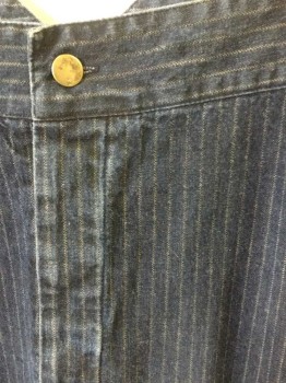 N/L, Denim Blue, Brown, Cotton, Stripes - Pin, Dark Indigo Denim with Brown Pinstripes, Button Fly, Gold Suspender Buttons at Outside Waistband, 4 Pockets (Including 1 Watch Pocket and 1 Welt Pocket in Back), Belted Back, Made To Order Reproduction "Old West" Wear
