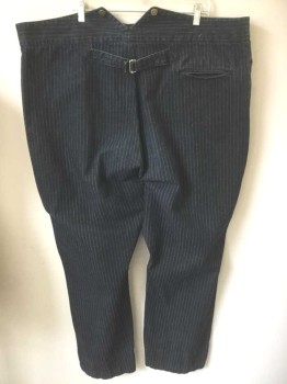 N/L, Denim Blue, Brown, Cotton, Stripes - Pin, Dark Indigo Denim with Brown Pinstripes, Button Fly, Gold Suspender Buttons at Outside Waistband, 4 Pockets (Including 1 Watch Pocket and 1 Welt Pocket in Back), Belted Back, Made To Order Reproduction "Old West" Wear