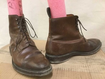CROCKETT & JONES, Brown, Leather, Solid, Cap Toe, Lace Up, Worn Laces, Ankle, Ankle Tab Missing From Rt Boot