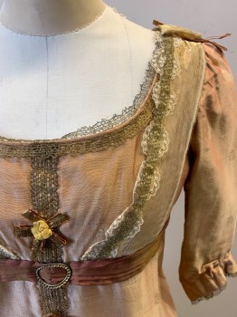 COSPROP, Salmon Pink, Gold, Chartreuse Green, Silk, Solid, 3/4 Sleeves, Empire Waist, Metallic Ribbon And Lace Appliques, Organza, Train, Regency,  Napoleon, Pride & Prejudice, 1811-1820
