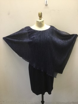 CONNECTED, Navy Blue, Blue, Synthetic, Lycra, Heathered, Navy Sleeveless Shift Dress with Perm. Pleated Poly Chiffon in Navy & Metallic Blue Cape Like Layered Top. Short Sleeves, with Slit at Arm Uppers