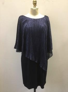CONNECTED, Navy Blue, Blue, Synthetic, Lycra, Heathered, Navy Sleeveless Shift Dress with Perm. Pleated Poly Chiffon in Navy & Metallic Blue Cape Like Layered Top. Short Sleeves, with Slit at Arm Uppers