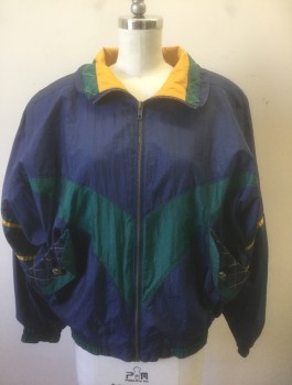 REL SPORT, Navy Blue, Dk Green, Mustard Yellow, Nylon, Solid, Windbreaker, Navy with Dark Green V Shaped Panel Across Chest, Dark Green and Mustard Accents Throughout, Dolman Sleeves, Zip Front, Padded Shoulders, 2 Pockets with Quilted Flaps,