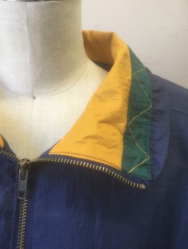 REL SPORT, Navy Blue, Dk Green, Mustard Yellow, Nylon, Solid, Windbreaker, Navy with Dark Green V Shaped Panel Across Chest, Dark Green and Mustard Accents Throughout, Dolman Sleeves, Zip Front, Padded Shoulders, 2 Pockets with Quilted Flaps,