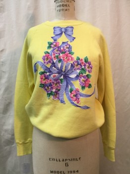 Womens, Sweatshirt, FRUIT OF THE LOOM, Yellow, Cotton, Polyester, Floral, M, Pink/blue/purple/green/yellow Floral and Bows Appliqué, Crew Neck,