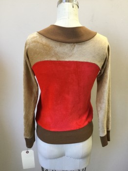 R. ROBBINS, Lt Brown, Red, Champagne, Acrylic, Polyester, Color Blocking, Long Sleeves, Velour, V-neck, Pullover,