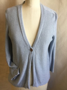Womens, Sweater, J. JILL, Baby Blue, Linen, Viscose, Solid, XS, V-neck, 1 Wooden Button Front, 3/4 Sleeves,