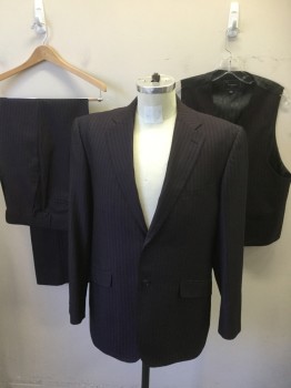 Mens, Suit, Vest, TZARELLI, Black, Plum Purple, Wool, Stripes - Vertical , Pin Dot, 40, 6 Buttons,