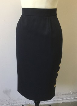 ESCADA, Black, Wool, Solid, Gabardine with 4 Large Gold Metal Buttons with Nautical Anchors at Side Hem, Knee Length, Pencil Skirt, 1.5" Wide Waistband, Invisible Zipper at Center Back,