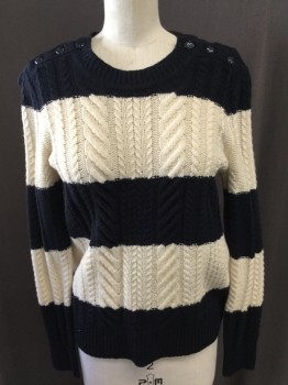 Womens, Pullover Sweater, J CREW, Navy Blue, Cream, Wool, Stripes, Cable Knit, XS, Crew Neck, Shoulder Buttons, Chain Knit/cable Knit, Etc
