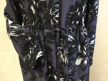 REBECCA TAYLOR, Purple, Black, Gray, Off White, Silk, Floral, Crew Neck with V-neck, 2 Pockets with Flap, Long Sleeves, D-string Waist, Black Lining,