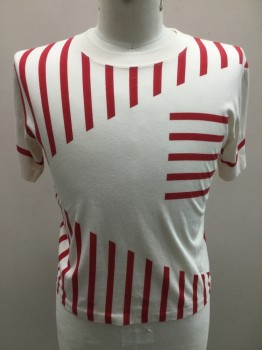 Mens, T-shirt, AUREA, Cream, Red, Cotton, Geometric, Stripes, M, Red & Cream Stripe Pattern with Cream Triangle Pattern