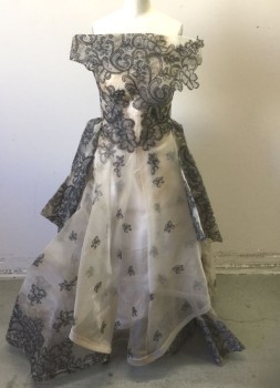 Womens, Evening Gown, ZAC POSEN, Lt Beige, Black, Synthetic, Floral, 4, Stiff Horsehair Mesh with Floral Embroidery, Cap Sleeve, Bateau/Boat Neck, Voluminous Skirt, Floor Length, 3 Tiers of Boning (Like a Bustle) At Hem,  **2 Piece: Has Detachable Over-Skirt (Non Barcoded)