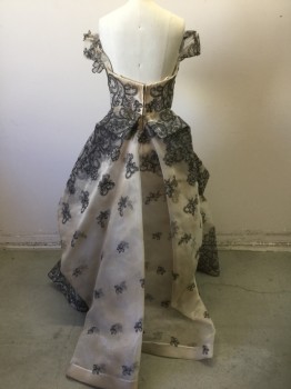 Womens, Evening Gown, ZAC POSEN, Lt Beige, Black, Synthetic, Floral, 4, Stiff Horsehair Mesh with Floral Embroidery, Cap Sleeve, Bateau/Boat Neck, Voluminous Skirt, Floor Length, 3 Tiers of Boning (Like a Bustle) At Hem,  **2 Piece: Has Detachable Over-Skirt (Non Barcoded)