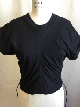 Womens, Top, RENVY, Black, Cotton, Solid, XS, Crew Neck, Cap Sleeves with Cuff, Side D-string, Seam Front & Back Center