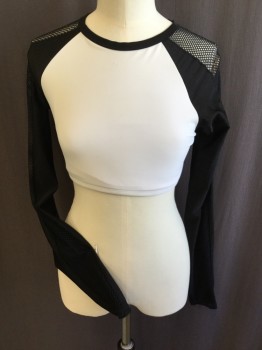 FOREVER 21, White, Black, Polyester, Spandex, Color Blocking, Black Bodice with Black Long Sleeves, Round Neck,  Criss-cross Detail Work, Cropped