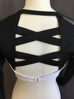 FOREVER 21, White, Black, Polyester, Spandex, Color Blocking, Black Bodice with Black Long Sleeves, Round Neck,  Criss-cross Detail Work, Cropped