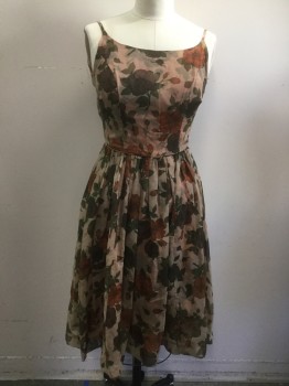 Womens, Cocktail Dress, MTO, Lt Brown, Chestnut Brown, Dk Umber Brn, Dusty Green, Synthetic, Floral, W28, B38, Rhinestone Spaghetti Straps, Center Back Zipper, Full Skirt, Printed Chiffon Over Printed Sateen