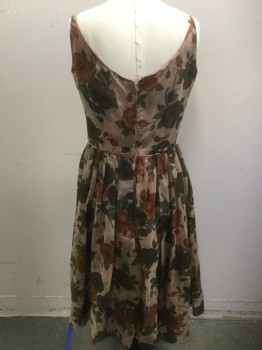 Womens, Cocktail Dress, MTO, Lt Brown, Chestnut Brown, Dk Umber Brn, Dusty Green, Synthetic, Floral, W28, B38, Rhinestone Spaghetti Straps, Center Back Zipper, Full Skirt, Printed Chiffon Over Printed Sateen