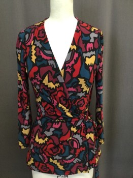 Womens, Blouse, ANNE KLEIN, Red, Red Burgundy, Teal Blue, Black, Mustard Yellow, Polyester, Rayon, Novelty Pattern, S, Cross Over Bust, Long Sleeves, Wrap with Side Tie,