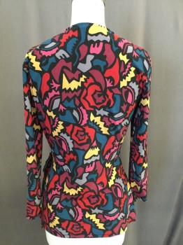 Womens, Blouse, ANNE KLEIN, Red, Red Burgundy, Teal Blue, Black, Mustard Yellow, Polyester, Rayon, Novelty Pattern, S, Cross Over Bust, Long Sleeves, Wrap with Side Tie,