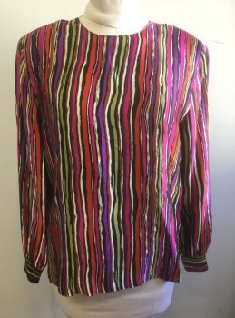 Womens, Blouse, LA CHINE, Multi-color, Silk, Stripes - Vertical , Abstract , Sz M, Sketchy Stripes, Long Sleeves, Round Neck, Padded Shoulders, 1 Button at Center Back Neck,