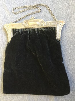 NL, Black, Silver, Silk, Metallic/Metal, Solid, Black Velvet Rectangle Purse with Silver Filigree Opening and Silver Chain Handle. Some Rusting on One Side of Opening. Some Wear on Velvet Near Opening See Photo Close Up,