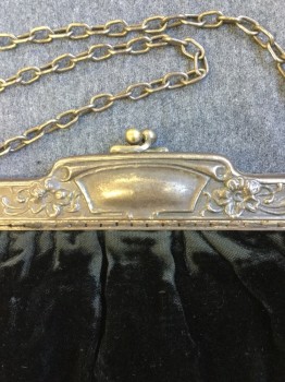 NL, Black, Silver, Silk, Metallic/Metal, Solid, Black Velvet Rectangle Purse with Silver Filigree Opening and Silver Chain Handle. Some Rusting on One Side of Opening. Some Wear on Velvet Near Opening See Photo Close Up,