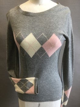 JUICY COUTURE, Lt Gray, Almond, Baby Pink, Cashmere, Argyle, Pullover, Crew Neck, Long Sleeves,