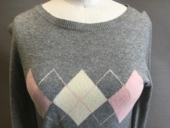 JUICY COUTURE, Lt Gray, Almond, Baby Pink, Cashmere, Argyle, Pullover, Crew Neck, Long Sleeves,