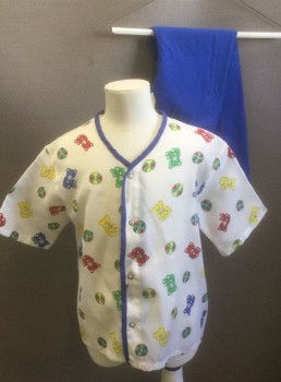 Unisex, Pediatric Pj Top, ANGELICA, White, Multi-color, Polyester, Novelty Pattern, M, White with Colorful Teddy Bears and Pin Wheels Pattern, Short Sleeves, V-neck, Snap Closures at Front, Royal Blue Trim