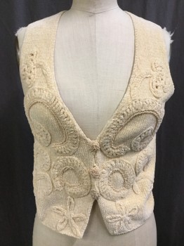 LIANNE BARNES , Cream, Viscose, Heathered, Knit with Crochet Applique Swirl with Cream/tan Beads Work, Matching Beads Button Front,