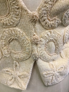 LIANNE BARNES , Cream, Viscose, Heathered, Knit with Crochet Applique Swirl with Cream/tan Beads Work, Matching Beads Button Front,