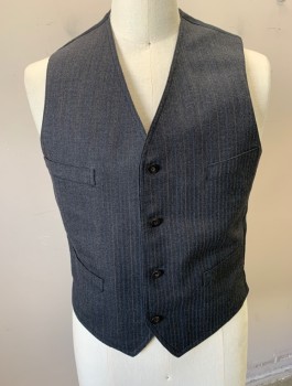 Mens, 1920s Vintage, Suit, Vest, SIAM COSTUMES MTO, Charcoal Gray, Wool, Stripes - Pin, 40, Alternating Lt Gray And Blue Pin Stripe, 4 Buttons, V-neck, 4 Welt Pockets, Cream Pinstriped Lining, Solid Black Linen Back, Belted Back Waist,