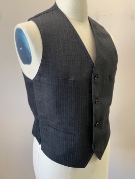 Mens, 1920s Vintage, Suit, Vest, SIAM COSTUMES MTO, Charcoal Gray, Wool, Stripes - Pin, 40, Alternating Lt Gray And Blue Pin Stripe, 4 Buttons, V-neck, 4 Welt Pockets, Cream Pinstriped Lining, Solid Black Linen Back, Belted Back Waist,