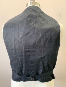 SIAM COSTUMES MTO, Charcoal Gray, Wool, Stripes - Pin, Alternating Lt Gray And Blue Pin Stripe, 4 Buttons, V-neck, 4 Welt Pockets, Cream Pinstriped Lining, Solid Black Linen Back, Belted Back Waist,