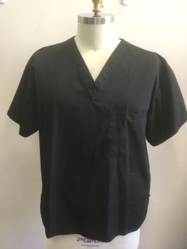 DICKIES, Black, Poly/Cotton, Solid, Short Sleeves, V-neck, 1 Patch Pocket at Chest