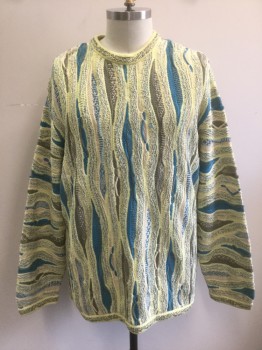 COOGI, Multi-color, Lemon Yellow, Turquoise Blue, Gray, Cream, Cotton, Linen, Abstract , Textured Knit, Pullover, Long Sleeves, Crew Neck, "Cosby" Style Sweater,
