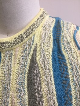 COOGI, Multi-color, Lemon Yellow, Turquoise Blue, Gray, Cream, Cotton, Linen, Abstract , Textured Knit, Pullover, Long Sleeves, Crew Neck, "Cosby" Style Sweater,