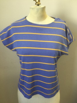 Womens, Top, N/L, Periwinkle Blue, Yellow, Cotton, Stripes - Horizontal , B:34, S, Jersey Knit, Pullover, CN, Left Shoulder Seam - 5 Btn Clousure, S/S, Dolman Style Sleeve