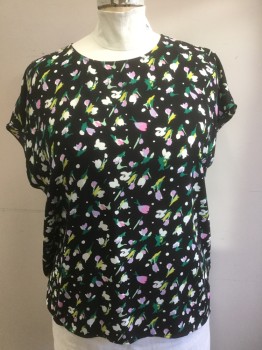 Womens, Top, HALOGEN, Black, Green, White, Lavender Purple, Pink, Polyester, Abstract , Floral, 1XL, Short Sleeves, Keyhole Center Back with 1 Button,