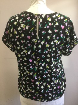 Womens, Top, HALOGEN, Black, Green, White, Lavender Purple, Pink, Polyester, Abstract , Floral, 1XL, Short Sleeves, Keyhole Center Back with 1 Button,
