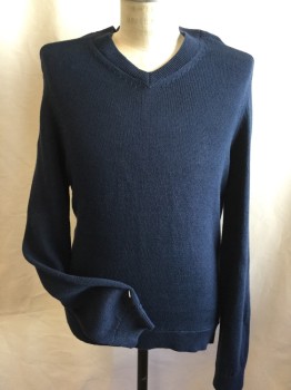 Mens, Pullover Sweater, THEORY, Navy Blue, Linen, Cotton, Solid, M, Ribbed V-neck, Long Sleeves Cuffs & Hem