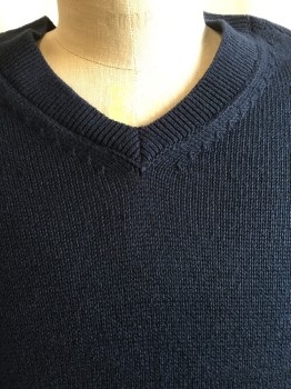 Mens, Pullover Sweater, THEORY, Navy Blue, Linen, Cotton, Solid, M, Ribbed V-neck, Long Sleeves Cuffs & Hem