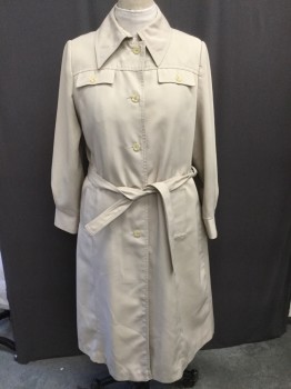 Womens, Coat, Trenchcoat, CLAYBROOKE  , Khaki Brown, Polyester, Nylon, Solid, L, Button Front, Flap Pockets, Peaked Collar, Belt
