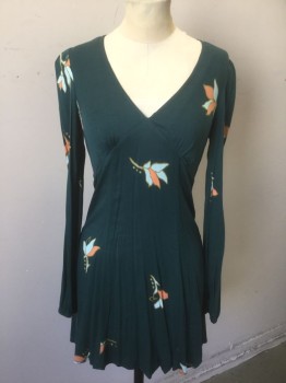 URBAN OUTFITTERS, Forest Green, Lt Blue, Peach Orange, Ochre Brown-Yellow, Rayon, Spandex, Floral, Forest Green with Light Blue and Peach Flowers with Ochre Outline, V-neck, Angled Seams at Bustline with Gathering at Bust, Long Sleeves, High/Low Hem, Above Knee/Mini Length, Center Back Zipper