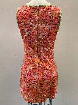 MR ROBERT, Hot Pink, Lime Green, White, Orange, Polyester, Floral, Sleeveless, Floral Lace Over Lining, Sheath, Green Bias Trim, Center Back Zipper, Has Mended Holes in Lace See Detail Photos, Darker at Center Back Hem,