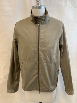 Mens, Casual Jacket, J. CREW, Tan Brown, Cotton, Polyester, Solid, S, Zip Front, Stand Collar with Knit Interior, 2 Pockets, Long Sleeves, Button Cuff