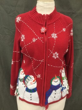 TIARA INTERNATIONAL, Red, White, Ramie, Cotton, Holiday, Red Zip Front, Ribbed Knit Stand Collar, Raglan Long Sleeves, Snowmen Appliqués,  Beaded Snowflakes, 1 Beaded Snowflake Center Back, Double